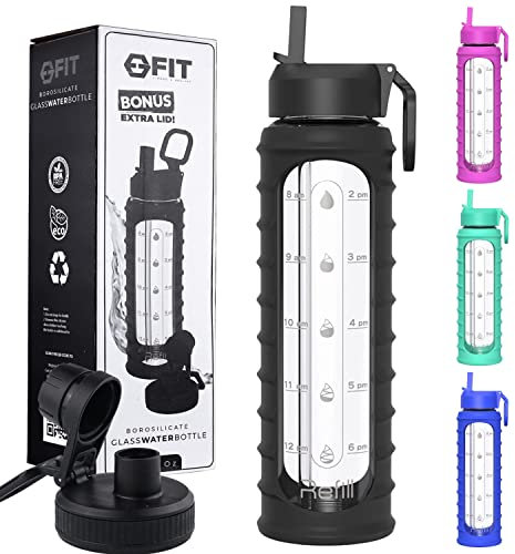 Borraccia in vetro da 1 litro con coperchio con cannuccia, indicatore del tempo, manica e coperchio extra, motivazionale, imboccatura larga, senza BPA, bottiglia in vetro da 1 litro, con motivo