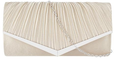 MEGAUK Damen Satin Clutch Glitzer Elegant Abendtasche Glänzend Handtasche Envelope Tasche Unterarmtasche mit Kette für Hochzeit Wedding Prom Party (06899 Beige)