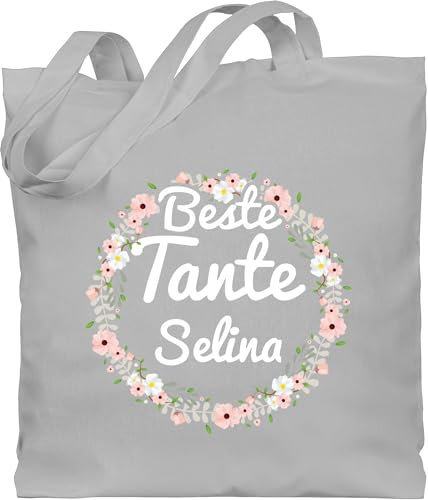 Baumwolltasche - Beste Tante - Boho Blumenkranz mit Name - Unisize - Hellgrau - einkaufsbeutel baumwolle geschenke ideen tanten henkel für taschen tasche stoffsackerl stoffbeutel shopper