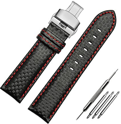 Elegantyl Uhrenarmband aus echtem Leder - Kohlefaser-Korn-Armband, 23mm, Schwarz, Schnalle, Sport, Klassisches, Herrenuhrzubehör