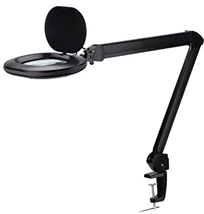 Lumeno 8615SW Lupenleuchte Arbeitsplatzlampe mit großer ovalen Linse 110x150 mm, 60 LEDs in 2 Stufen dimmbar, perfekt als Lesehilfe, für die Kosmetik, zum Löten, 5 Dioptrien schwarz
