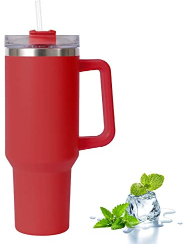 Uezeth Tumbler with Straw Lid and Handle, Stainless Steel Coffee Travel Insulated Cup Mug, 40oz/30oz Cup Travel Mug, Water Bottle Thermos for Hot and Cold Coffee(Red)