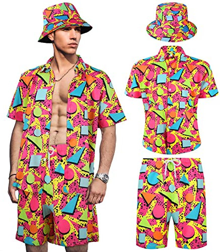 Geosar Herren 2-teiliges 80er-90er-Jahre-Kostüm für Herren, Hippie-Shirts und Shorts, Set mit Hut, Neon-Disco, Halloween, Party, Kostüm, Kleidung, Stilvolle Farbe., X-Large