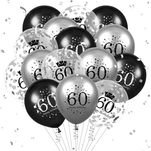 Luftballon 60. Geburtstag Deko 15 Stück Schwarz Silber Ballons - 60 Jahre Geburtstagsdeko Happy Birthday Deko Latex Konfetti Ballon für Männer Frauen 60. Jubiläum Geburtstag Party Dekoration 12Zoll
