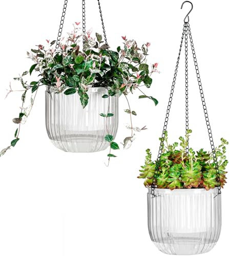 Josteve 6.5 Inch 2 Pcs Self Watering Hanging Planter Indoor Plant Pots Drainage Holes, Outdoor Hanging Planters Flower Pot Basket, Visible Water Level, Plant Hanger Home Decor, Gardening