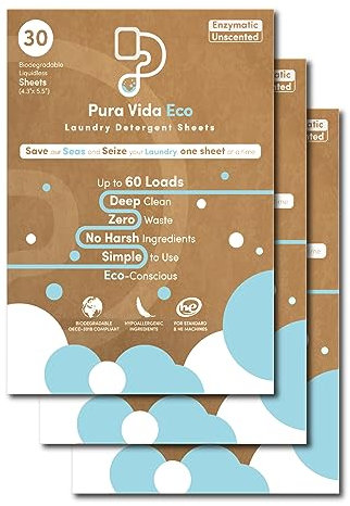 Pura Vida Eco Hojas de detergente para ropa, 90 hojas (hasta 180 cargas), sin perfume, ideal para viajes, ropa de bebé, compactas, sin líquidos, hipoalergénicas, ecológicas (3 paquetes de 30)