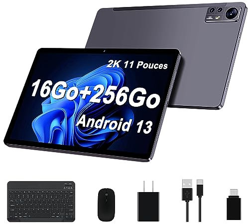 AOCWEI Android 13 Tablette 11 Pouces Écran 2K Octa-Core 16Go+256Go (512Go TF) 5G WiFi |2000 * 1200 |8600mAh |4 Haut parleurs |13MP+2MP+5MP |Bluetooth 5.0| Tablette avec Clavier et Souris |Gris