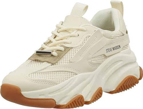 Steve Madden Possession-E Beige Leder Turnschuhe -7cm Plateauhöhe