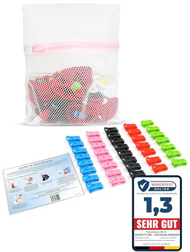 Benefits ME® Bunte Sockenklammern TESTSIEGER [inkl. Wäschenetz] die Sockenclips sind für die Waschmaschine und Trockner damit die Socken Immer zusammen bleiben - Geschenkidee für Mütter und Väter