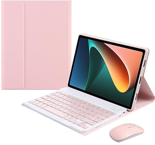 HEUCYL Funda De Teclado para Xiaomi Pad 5/5 Pro 11 Pulgadas 2021, Teclado Español Ñ Bluetooth Magnético Desmontable con Ratón, Soporte Ajustable Funda De Cuero PU Portátil Ligera,Rosado