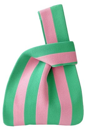 Anopo Damen Geknotete Gewebte Tasche Klein Gehäkelt Handtaschen Niedlich Ästhetisch Blume Portemonnaie Handgelenk Tasche Gestrickt Mode Tragetasche Streifen2 Rosa Grün