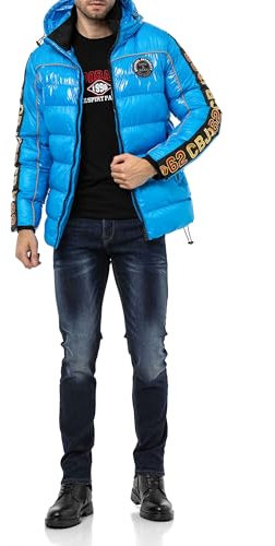 Cipo & Baxx Herren Steppjacke Winter Jacke Mantel Parka Kapuzenjacke Glanzoptik CM218 Blau L