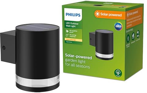 Philips Outdoor Solar Fyce Wandleuchte 1,5W, Tageslichtsensor, 2700 Kelvin, IP44 wetterfest, schwarz