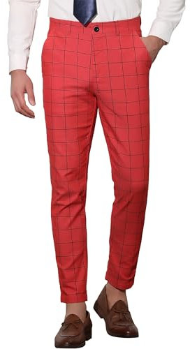 Lars Amadeus Herren-Kleid, kariert, schmale Passform, flache Vorderseite, Business-Hose mit Taschen, Rot, schwarz, 54