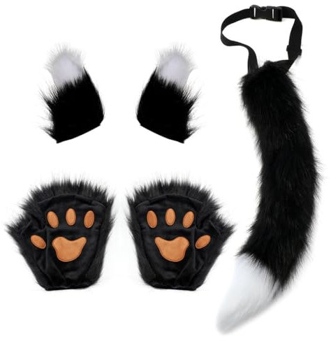 Kapmore Cosplay Fuchs Set mit pelzigem Schwanz - Pelzige verstellbare Ohren und Pfotenhandschuhe für langes Kunstfell Deko Halloween, schwarz / weiß, 6-8