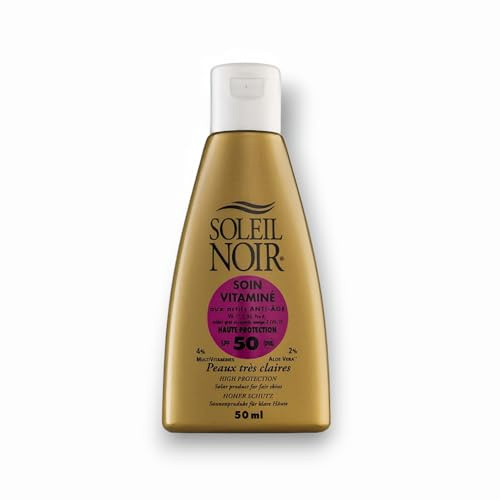 Soleil Noir - Soin Vitaminé SPF 50 Haute Protection 3 Filtres UVA et UVB - Peaux Claires - Vitamines A, C, E, Aloé Vera - Fabrication Française - Flacon avec Capsule Service, 50 ml