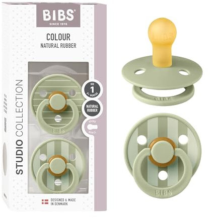 BIBS Colour Studio Schnuller 2er-Pack, BPA-frei, Kirschform Nippel. Naturkautschuk/Latex, Hergestellt in Dänemark, Größe 1 (0-6 Monate), Pin Sage