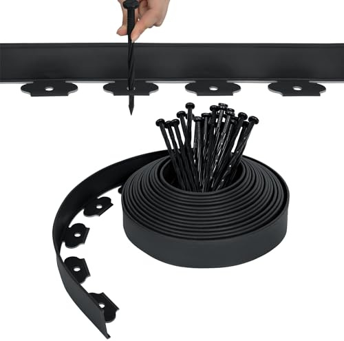 FIVMEN Rasenkante Beeteinfassung Kunststoff 10m Gartenumrandung Streifen Design Beetumrandung mit 30 Bodennägel Rasenkantenrollen, Flexible Schneidebar Gartenpalisade (Schwarz)