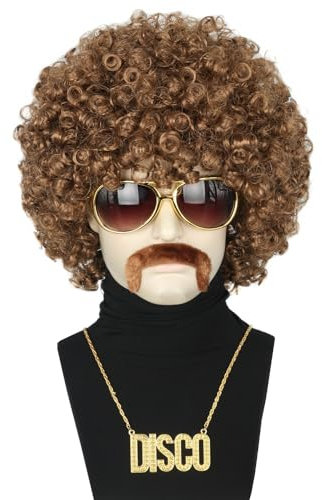 Topcosplay 4er Set Afro Perücke Herren mit Sonnenbrille Schnurrbart Halskette 70 80er Jahre Perücke Vokuhila Disco Perücke Hippie Perücke Halloween Karneval Kostüm (Hellbraun)
