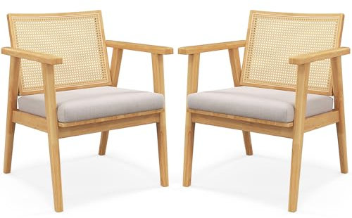 RELAX4LIFE 2er Set Loungesessel, Akzentstuhl mit Rattan-Rückenlehne & Abnehmbarem Sitzkissen, Esszimmerstuhl mit Massivholzrahmen, bis 135 kg belastbar, Gepolsterter Sessel für Wohnzimmer Esszimmer