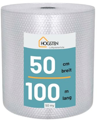 HOGSTEN Luftpolsterfolie Rolle 100m x 50cm - Noppenfolie für Versand, Verpackung und Umzug -100% recycelbar - Bubble Wrap Polstermaterial Verpackungsmaterial 50my (0,5m x 100m)