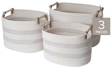 RGI Home Storage Baskets for Organizing, Textured Linen and Fabric Rope, Set of 3 Oval Decorative Woven Bins, Multi-Sized with Easy-Carry Premium Wooden Handles, Cream with Ivory Trim