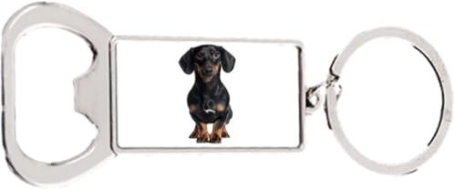 Black Dachshund Dog Pet Rectangle Bottle Opener Metal Keyring and Velvet Gift Bag