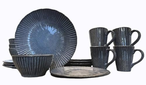 VISSEL Stoneware Dinner Set for 4 People - 16 Piece Reactive Glaze Stoneware. Ruffled Edge. Microwave and Dishwasher Safe - Indigo Blue