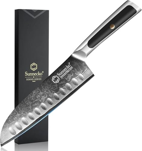 Sunnecko Damascus Santoku Knife 7 Inch - Japanese Chef Knife Damascus VG-10 Steel Blade, Sharp Kitchen Knives with Solid Handle, Perfect for Professional Home Use Cutting Knife