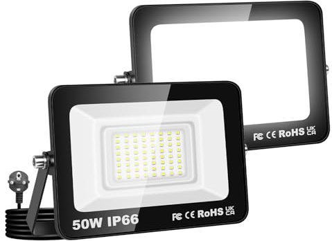 Willpower 2PCS Projecteurs LED Extérieur Avec Prise, Spot LED 50W 5000LM, 6000K Blanc Froid, IP66 Etanche Eclairage Lumière de Sécurité pour Jardin Patio Garage Terrasse Maison