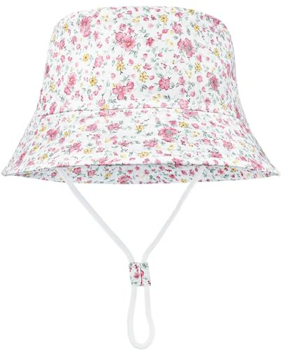 Fenfang Cappello da Sole Bambino Bambina a Tesa Larga, Berretto Pescatore Neonato Estivo, Cotone Bucket Hat, Fisherman cap da Cartone Dinosauro Spiaggia 1 2 3 4-8 Anni (1-2 Anni, Fiore Rosa)