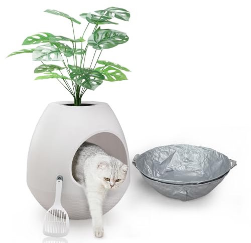 Cat Litter Box with Plant, 2X Litter Box Liners & Scoop, Large Hidden Enclosure Litter Tray Litter Box, DIY Artificial Plant Litter Box Enclosure Furniture for Cat Kitty Bunny (White)
