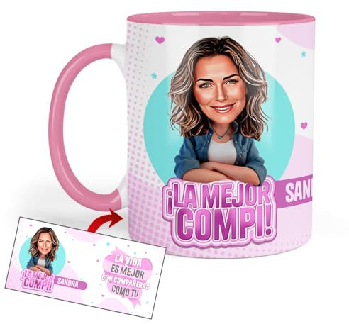 Kembilove Taza Personalizada con Caricatura para Compañeras | “¡La Mejor Compi!” + Nombre | Regalo Bonito y Divertido para Mujeres en el Trabajo | 330ml Apta para Microondas y Lavavajillas