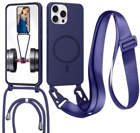 FERLAN Coque pour iPhone 13 Pro Max,Coque Magnétique Compatible avec (MagSafe),Silicone Complète Housse avec Lanyard Réglable Portable, Antichoc Anti-Chute Bandoulière Lanière Case, Bleu