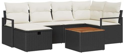 vidaXL Garten-Sofa-Set mit Kissen 7 pcs Schwarz Poly Rattan, Garten und Terrasse, modernes modulares Sofa-Set, verstellbare Füße, umweltfreundliche Loungegruppe