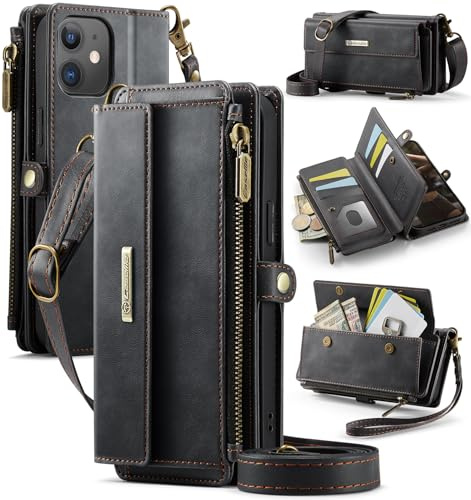 FONREST Compatible with iPhone 12/12Pro Crossbody Purse Bag Case, Magnetic Flip Flap PU Leather Wallet Cover w/Kickstand 9 RFID Blocking Card Holders Zip Pocket Lanyard Wrist Strap (Black)
