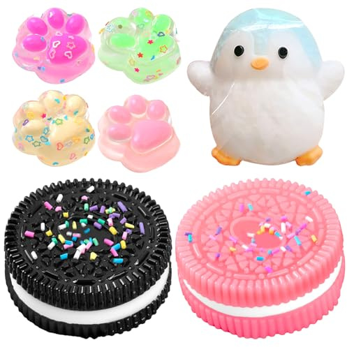 GWAWG 7 Stück Squishy Katzenpfote, Oreo, Kekse und Pinguin, Anti-Stress-Spielzeug, sensorisches Spielzeug für Kawaii, Zubehör, Kinder und Erwachsene, ultra-weiches Dekompressionsspielzeug, Haus, Büro