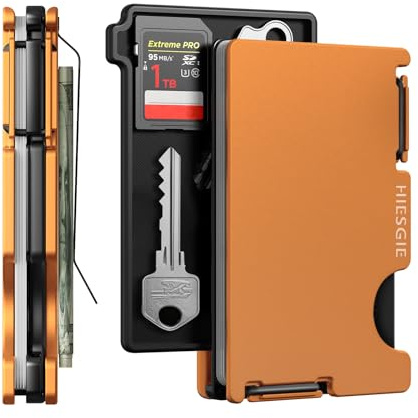 HIESGIE Wallet for Men with Inner Key Coin Tray, Minimalist Card Holder, Slim Metal Front Pocket Wallet with Money Clip, RFID Blocking, PMLCO-02, Orange