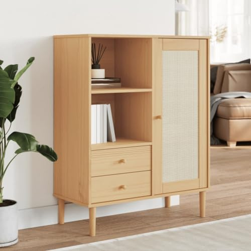 WRJENFSC Highboard SENJA mit Rattanoptik massives Kiefernholz UV Lack 90x40x112 cm Beistellschrank Sideboard Wohnzimmer kommodenschrank für Living Room Corridor und Bedroom
