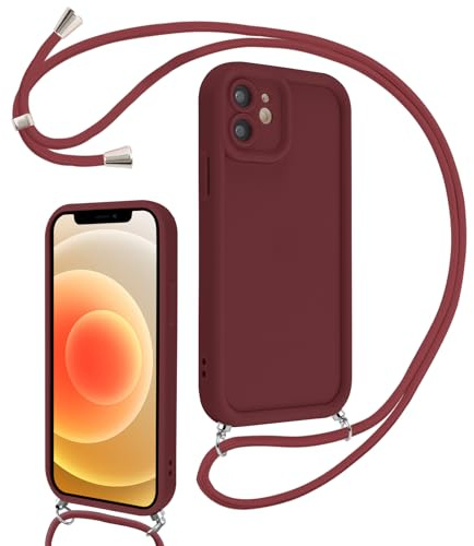 Coalbooliy Cover per iPhone 12 mini 5,4 con Cordino per Cellulare, Custodia Silicone con Regolabile Collana Sottile Morbida Case Protezione della fotocamera Antiurto con Necklace, Rosso