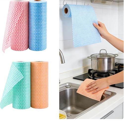 160 Stück Wischtücher auf Rolle, 4 Rollen Einweg Reinigungstücher, Putzlappen Spüllappen Mehrzweck-Lappen mit 4 Farben, Vliesstoffe Küchentücher Putztuch für Wohnküche,Esstisch
