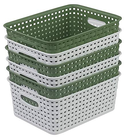 Vareone 6 Pack Pantry Plastic Storage Baskets, Organizer Container with Handle Organization Bins, Ideal for Kitchen, Bathroom, and Cleaning Organisation (White, Green)