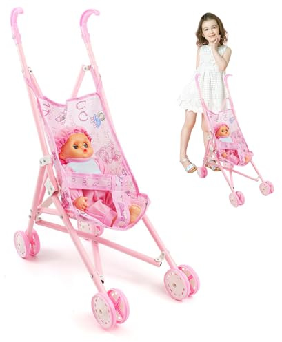 Babypuppen-Kinderwagen-Set, 2-teiliges Set, Faltbarer Puppenwagen mit Puppe, niedliche bewegliche Babypuppe mit tragbarer Kleidung, Puppenwagen für Kleinkinder und Mädchen
