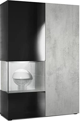 Vladon Vitrine Armoire Morena, Corps en Noir Mat/Porte Droite et Insert en Aspect Béton Oxyde avec éclairage LED