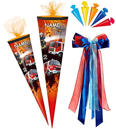 alles-meine.de GmbH Set Schultüte + 5 kleine Zuckertüten - Feuerwehr - Feuerwehrmann & Feuerwehrauto - 85 cm - eckig - incl. Name und große Schleife - Tüllabschluß - Zucker..