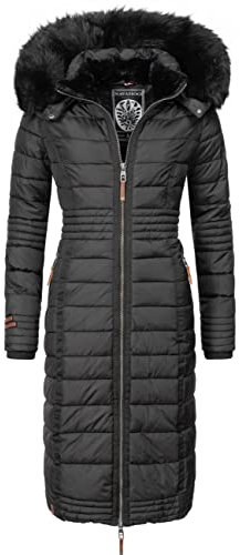 Navahoo Damen Wintermantel Warmer Steppmantel lang mit Kapuze Umay Schwarz Gr. XL