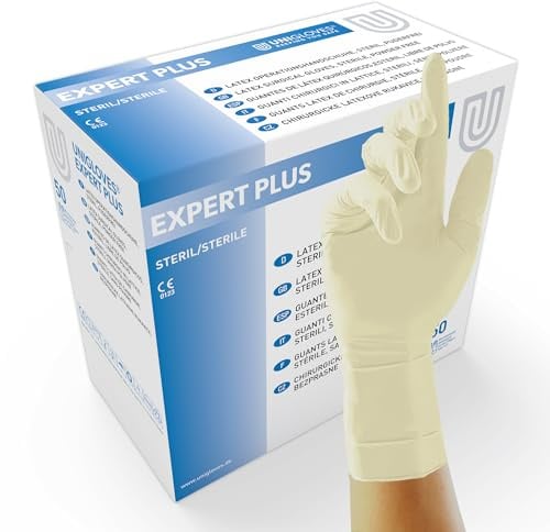 UNIGLOVES Expert Plus 1202 Latexhandschuh | Puderfrei, Innen & Außen chloriniert Extra griffig dank mirkrogeraute Handfläche 100 Stück