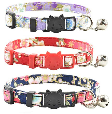Breakaway Katzenhalsbänder mit Glöckchen, 3er-Set, langlebig und sicher, niedliches Kätzchenhalsband, sicher, verstellbar, für Katzen, Welpen, 19,1–27,9 cm (Lila, Rot, Blau 1)