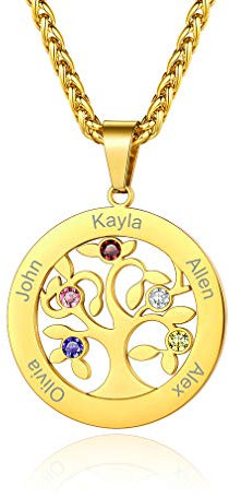 Custom4U Collier Personnalisé 5 Prénoms,Pendentif Arbre de Vie Plaqué Or en Acier Inoxydable Gravé Pierres de Naissance,Bijoux de Famille,Chaine 55+5 cm,Cadeau Anniversaire Femme Maman,Grand Mère