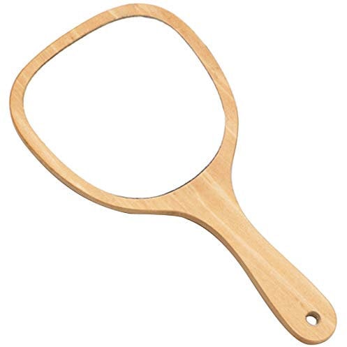 Fächerförmiger Holzspiegel Friseur Handspiegel mit Holz Griff Holz Lüfterspiegel Handspiegel Salon Holz Spiegel Make up Spiegel für Make up Haare Schneiden Rasieren Salon Gesichtspflege (Khaki)